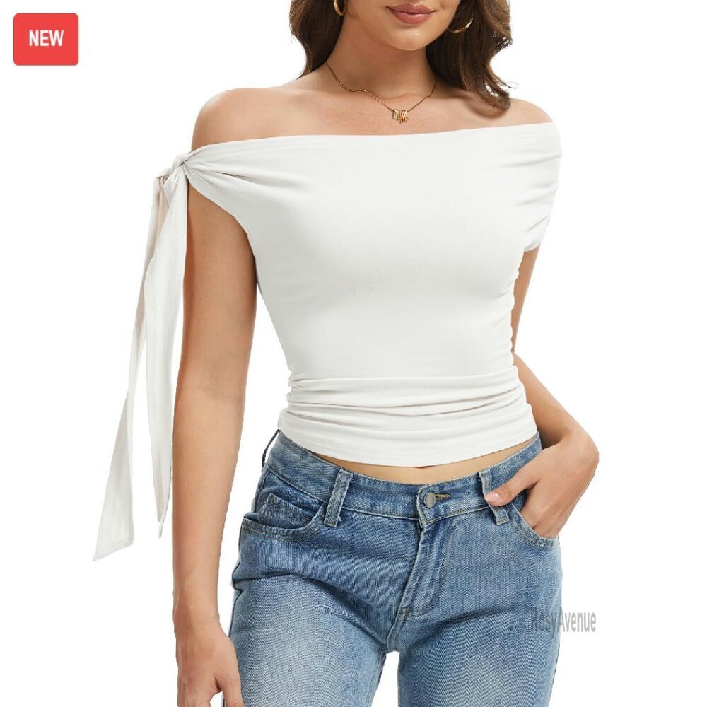Off Shoulder Ruched Crop Top Slim Fit Adjustable Tie Y2K Style